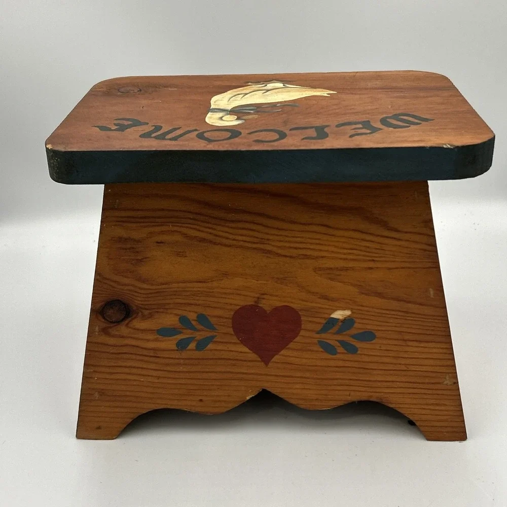 Vtg Wooden Step Stool Hand Painted Duck Welcome Country Farmhouse Cottage Core